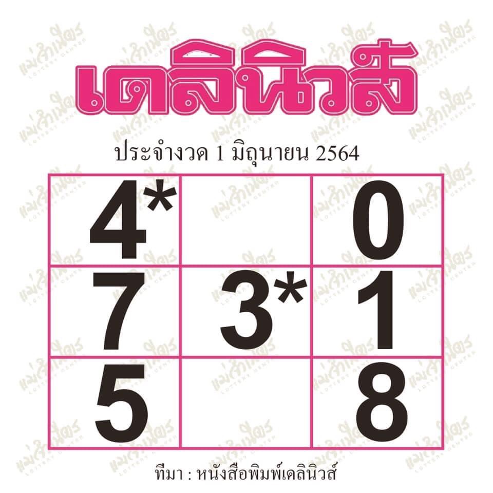 หวยเดลินิวส์งวดวันที่ 1/6/64 งวดนี้ ล่าสุด