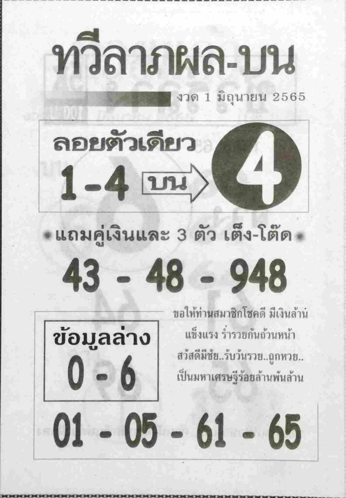 หวยซอง หวยทวีลาภผลบน 1/6/65