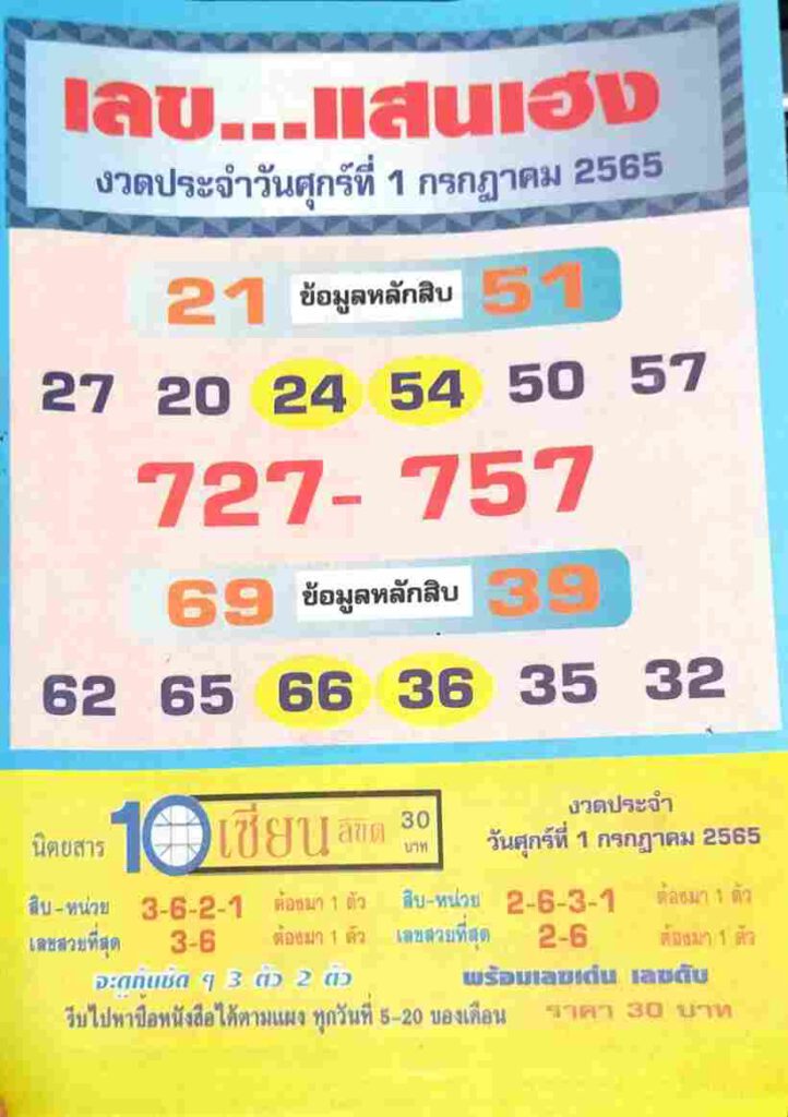 หวยซอง เลขแสนเฮง 1/7/65