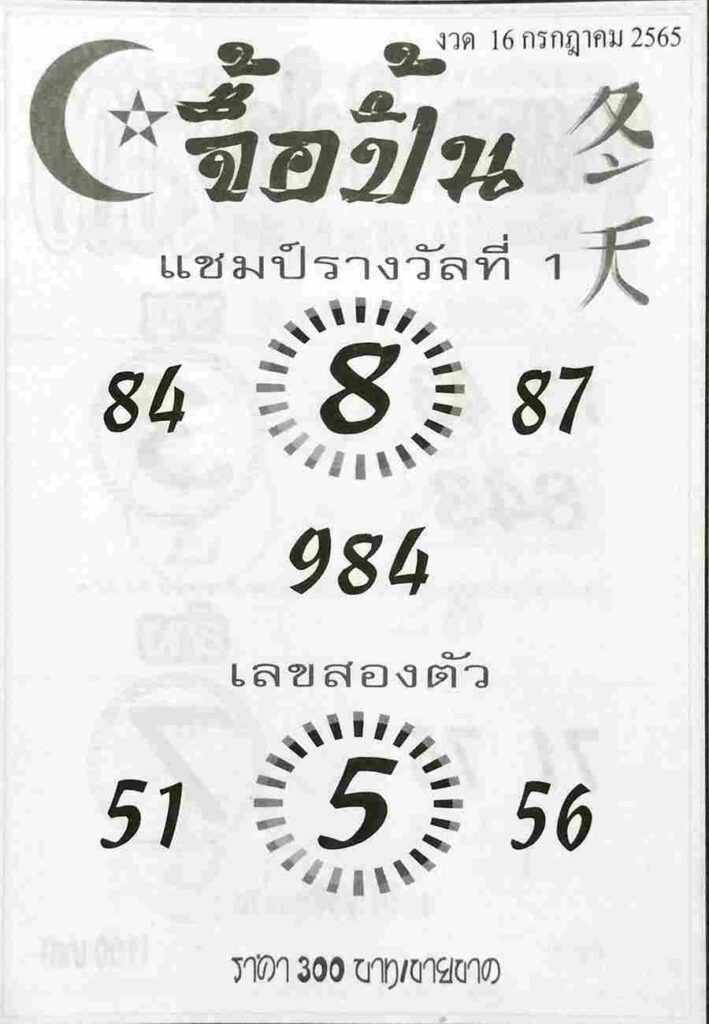 เลขเด็ด หวยจื้อปิ้น 16/7/65