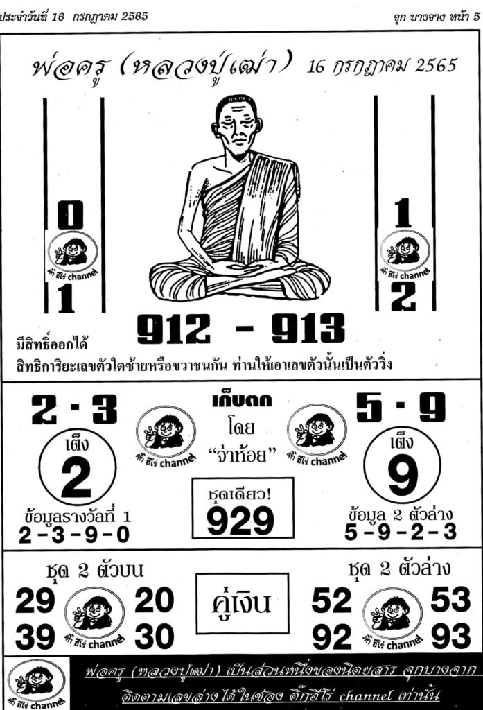 เลขเด็ด หวยพ่อครู 16/7/65