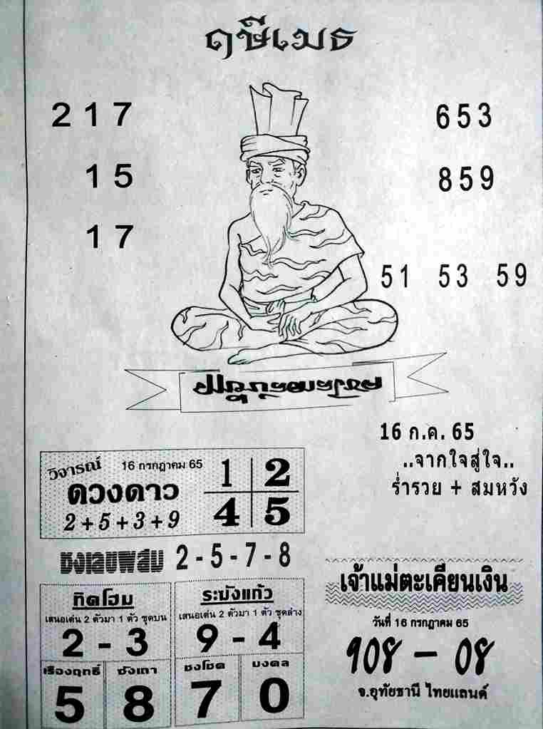 เลขเด็ด หวยฤษีเมธ 16/7/65