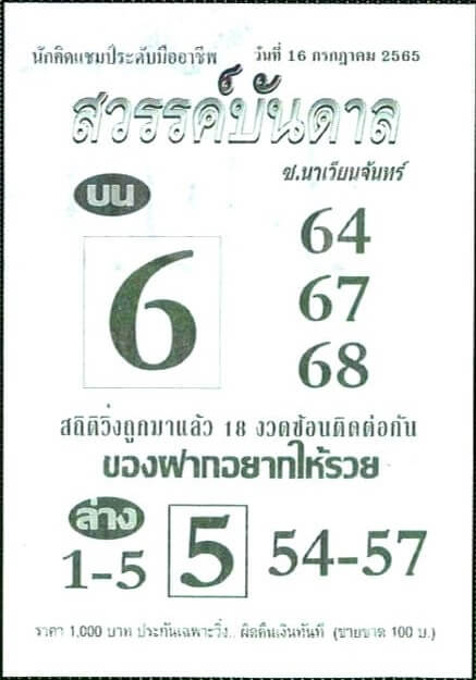 หวยซอง หวยสวรรค์บันดาล 16/7/65