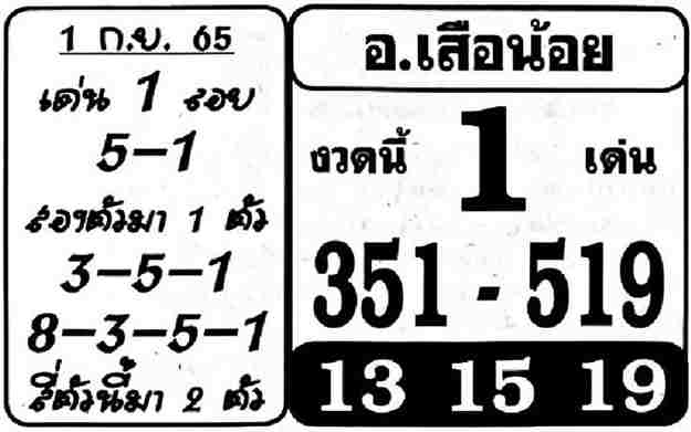 เลขเด็ด หวยอาจารย์เสือน้อย 1/9/65