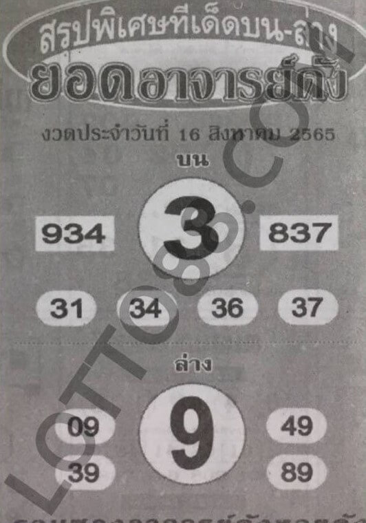 เลขเด็ดงวดนี้ หวยยอดอาจารย์ดัง 16/8/65