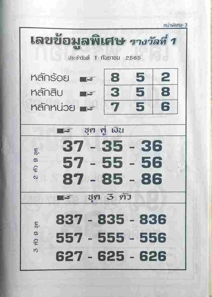 เลขเด็ด เลขข้อมูลพิเศษ 1/9/65