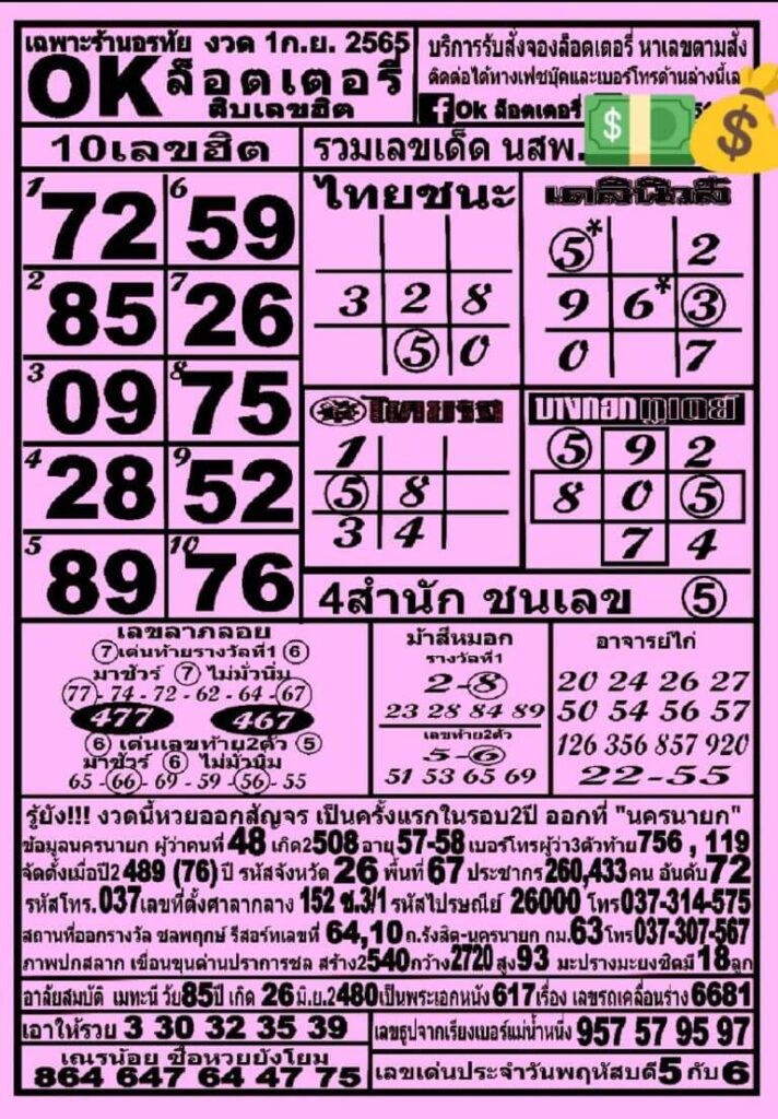 หวยซอง หวยOKลอตเตอรี่1/9/65