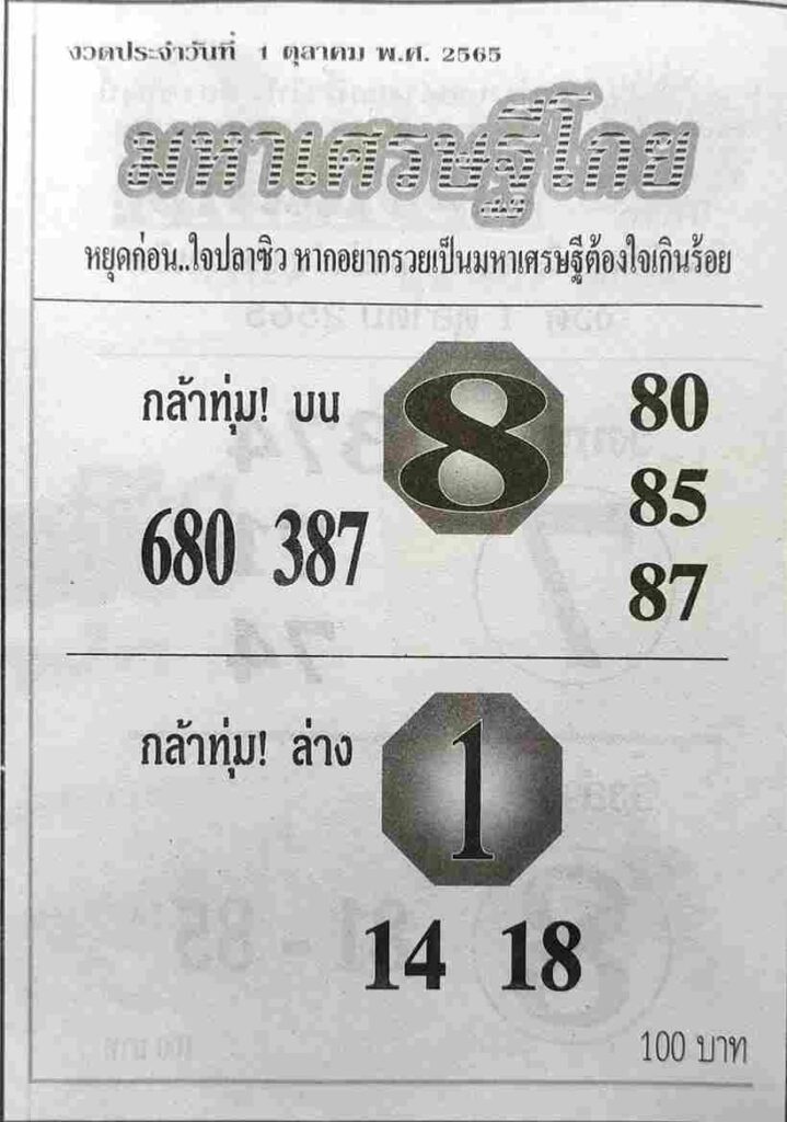 เลขเด็ด หวยมหาเศรษฐีโกย 1/10/65