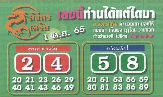 เลขเด็ด หวยมังกรเมรัย 1/10/65