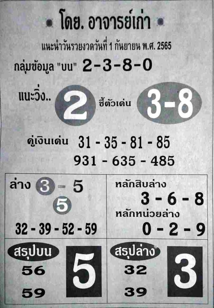 เลขเด็ด หวยอาจารย์เก่า 1/9/65