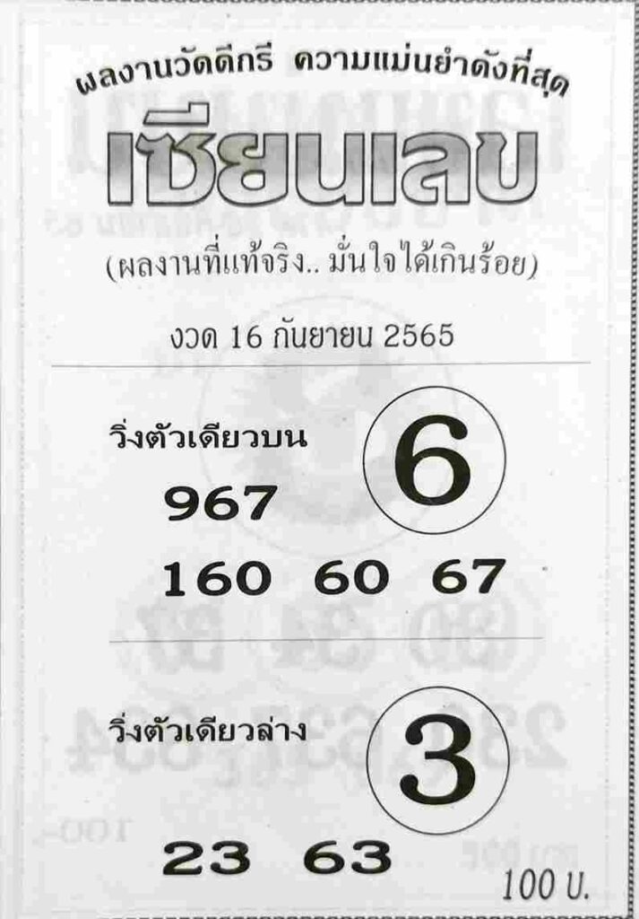 เลขเด็ด หวยเซียนเลข 16/9/65