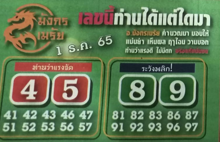 เลขเด็ด หวยมังกรเมรัย 1-12-65