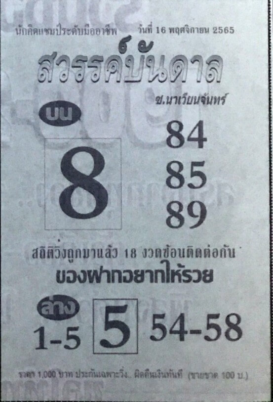 เลขเด็ด หวยสวรรค์บันดาล 16-11-65