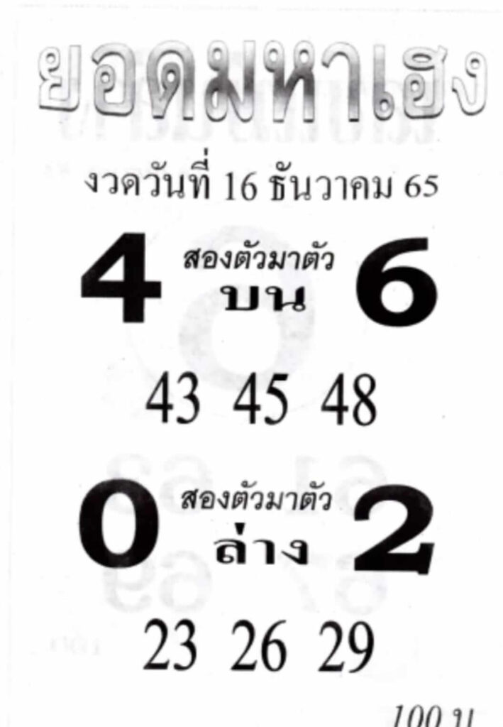 เลขดัง หวยยอดมหาเฮง 16-12-65