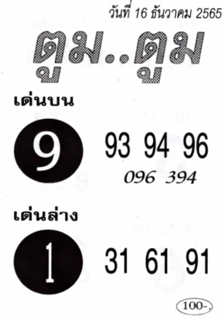 เลขดัง หวยตูมตูม 16-12-65