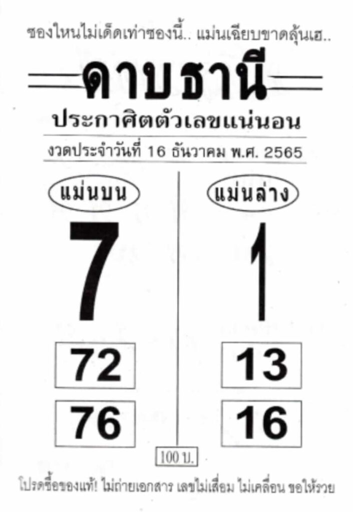 เลขดัง หวยดาบธานี 16-12-65