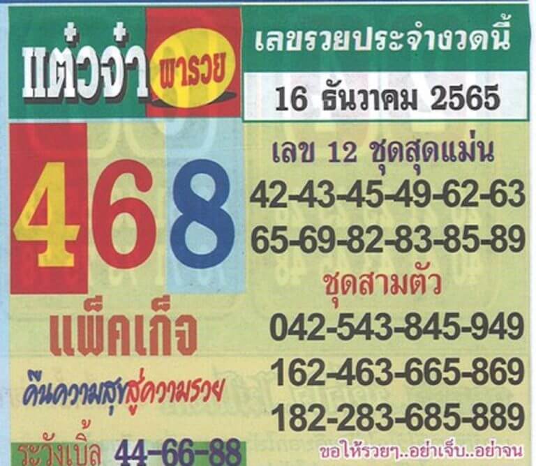 เลขดัง หวยแต๋วจ๋า 16-12-65