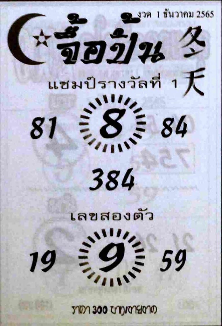 เลขดัง หวยจื้อปิ้น 1/12/65