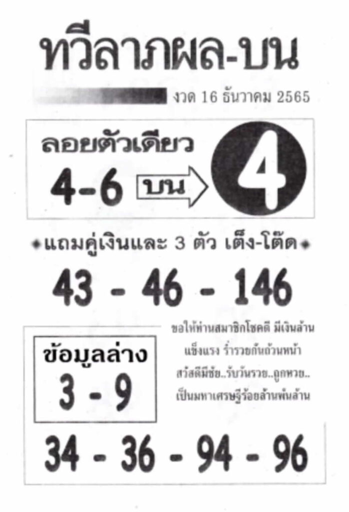 หวยซอง หวยทวีลาภผลบน 16-12-65