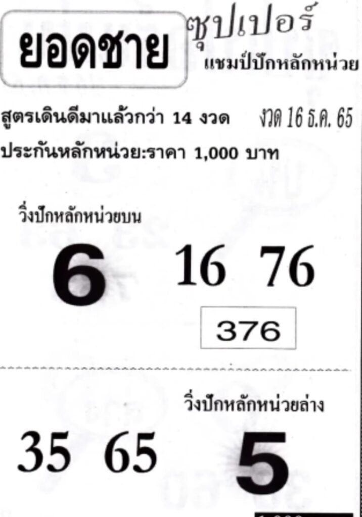 เลขเด็ด หวยยอดชาย 16-12-65