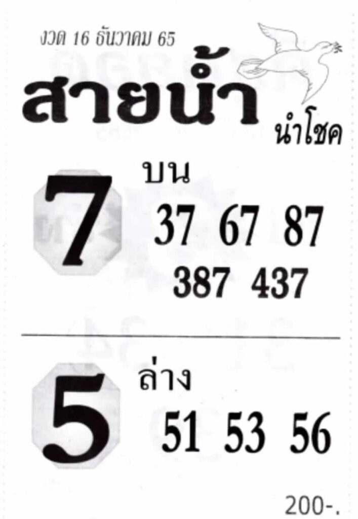 เลขเด็ด หวยสายน้ำนำโชค 16-12-65