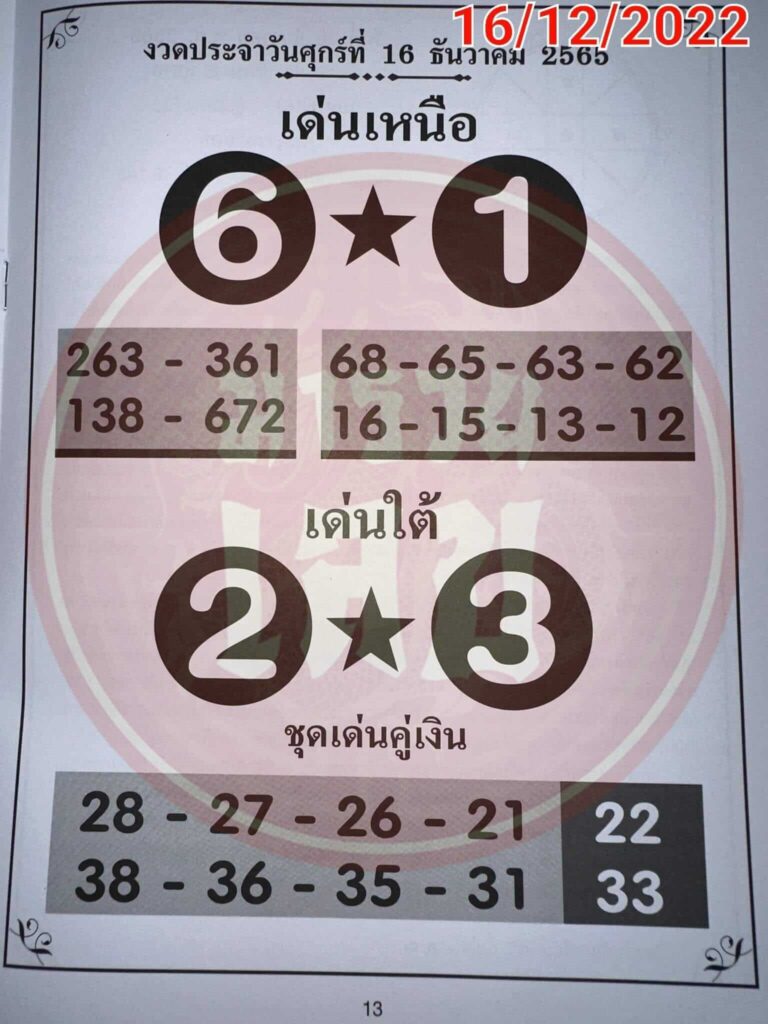 หวยซอง หวยเด่นเหนือใต้16-12-65