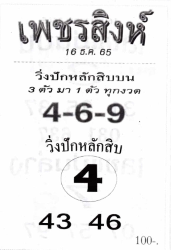 เลขเด็ด หวยเพชรสิงห์ 16-12-65