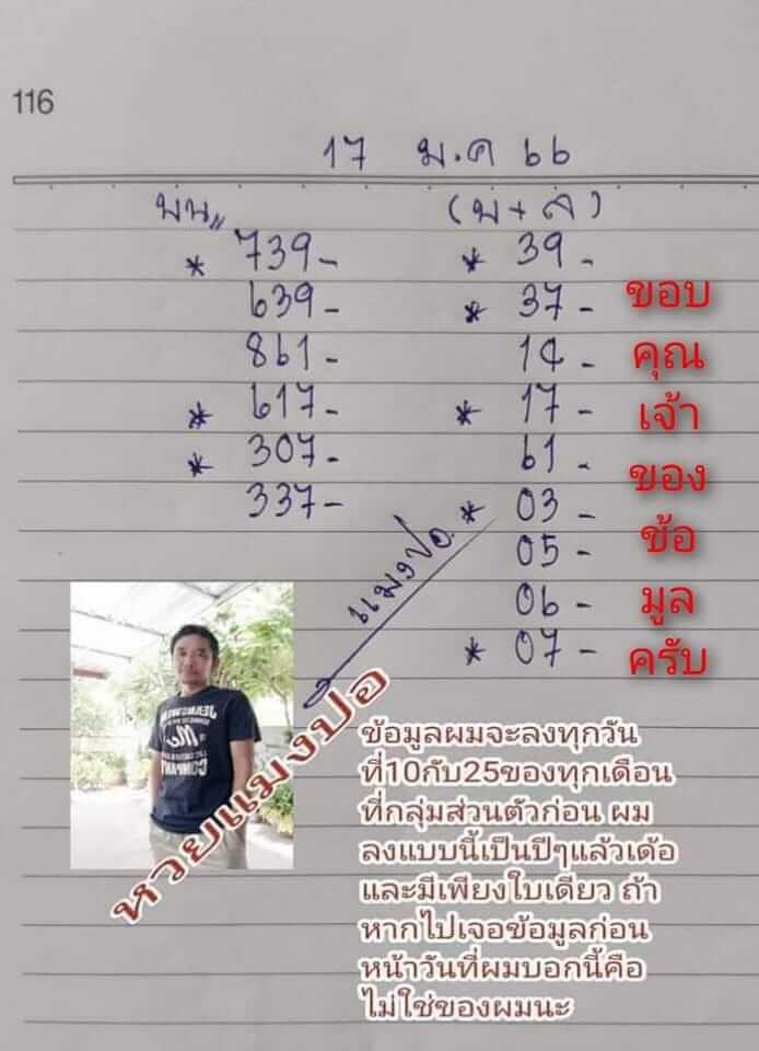 เลขดัง หวยแมงปอ 17-1-66