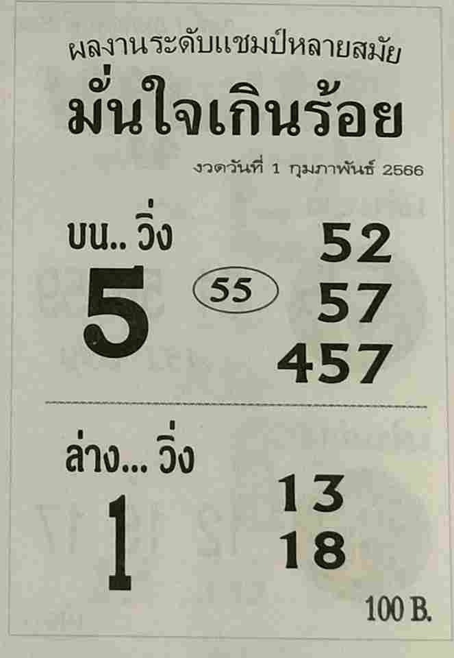 หวยมั่นใจเกินร้อย 1-2-66