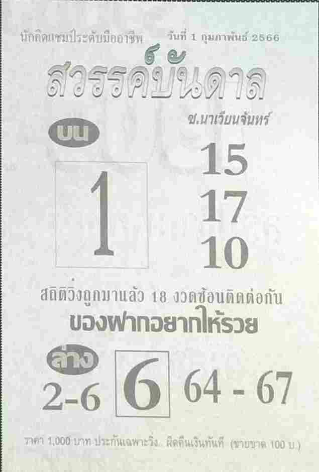 หวยสวรรค์บันดาล 1-2-66