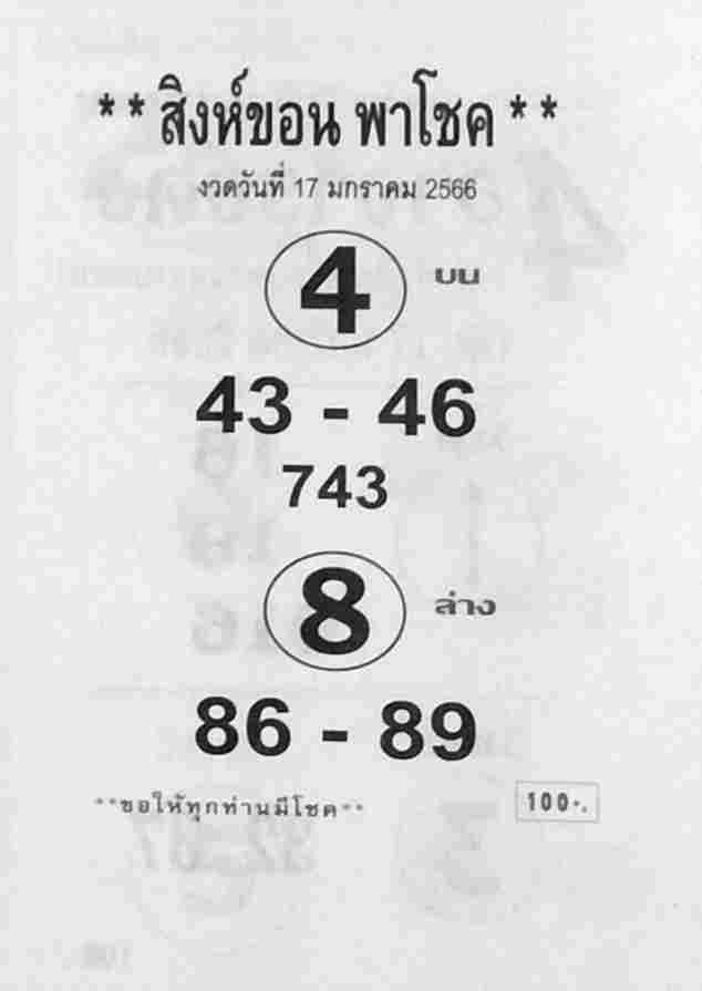 เลขเด็ด หวยสิงห์ขอน 17-1-66