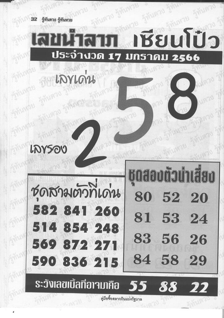 เลขเด็ด เลขนำลาภเซียนโป๋ว 17-1-66