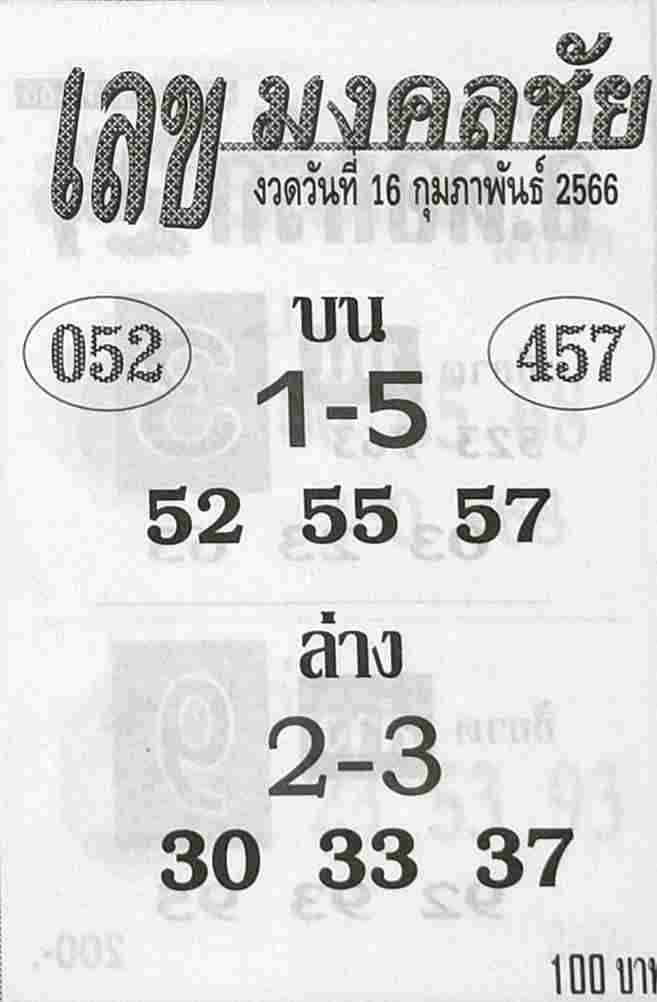 หวยเลขมงคลชัย 16-2-66